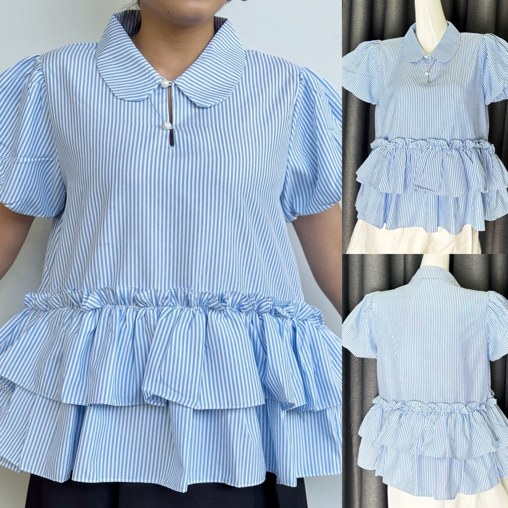 ÁO BABYDOLL SỌC CỔ SEN PHỐI BÈO NHÚN TẦNG minisize bigsize