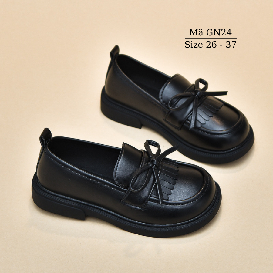Giày lười Loafers Bé gái 3 - 12 tuổi da đen mềm êm năng động cá tính - Giày Đồng phục Học Sinh Quốc Tê Vinschool GN24
