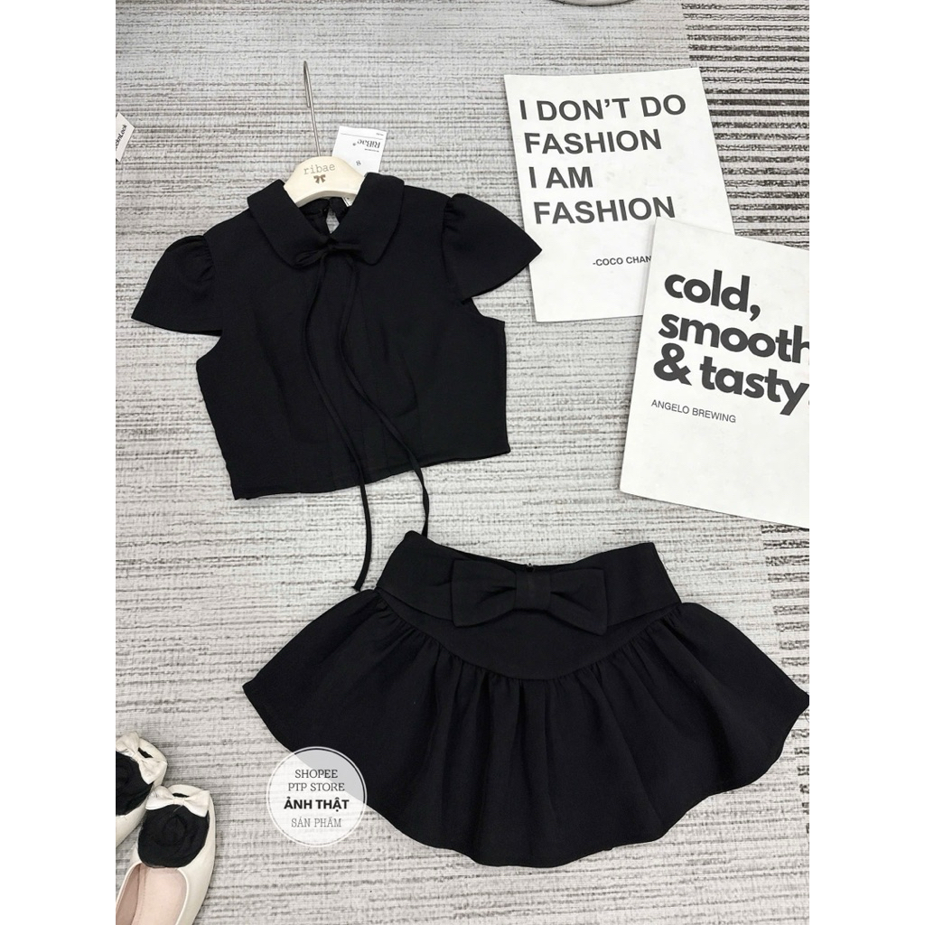 [S2.4146] Set Áo Cộc Tay Cổ Sen Dáng Croptop Mix Chân Váy Xoè Nơ Điệu Đà 2 Màu (cvay có lót) | BigBuy360 - bigbuy360.vn