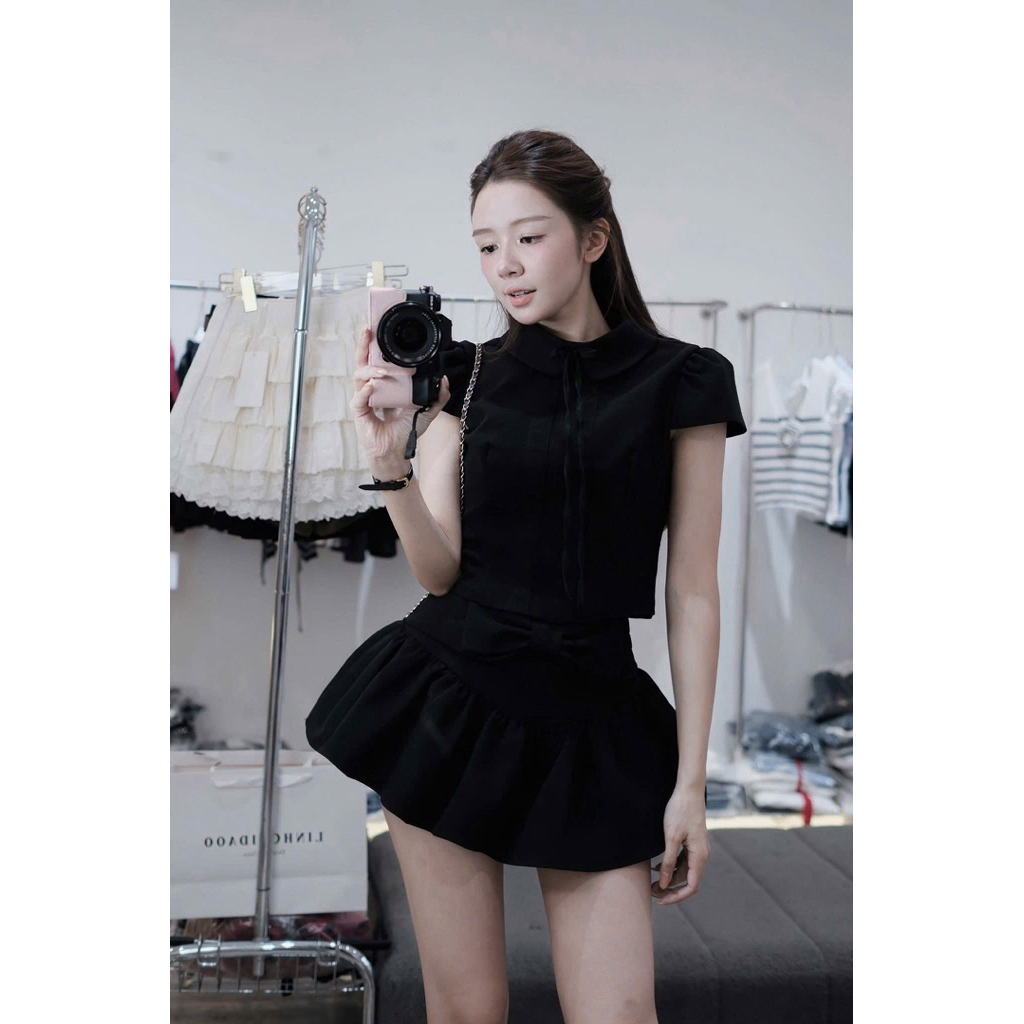 [S2.4146] Set Áo Cộc Tay Cổ Sen Dáng Croptop Mix Chân Váy Xoè Nơ Điệu Đà 2 Màu (cvay có lót) | BigBuy360 - bigbuy360.vn