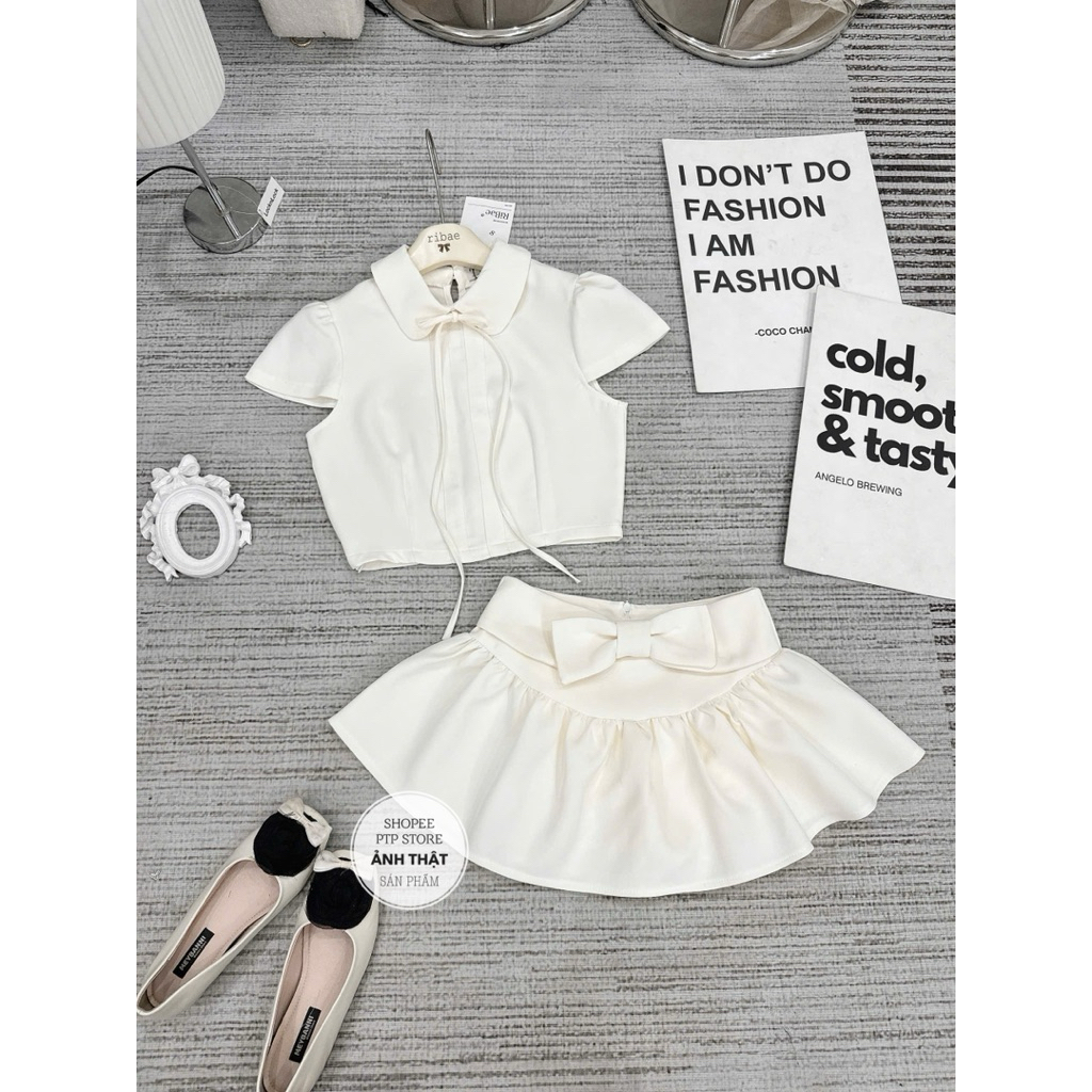 [S2.4146] Set Áo Cộc Tay Cổ Sen Dáng Croptop Mix Chân Váy Xoè Nơ Điệu Đà 2 Màu (cvay có lót) | BigBuy360 - bigbuy360.vn