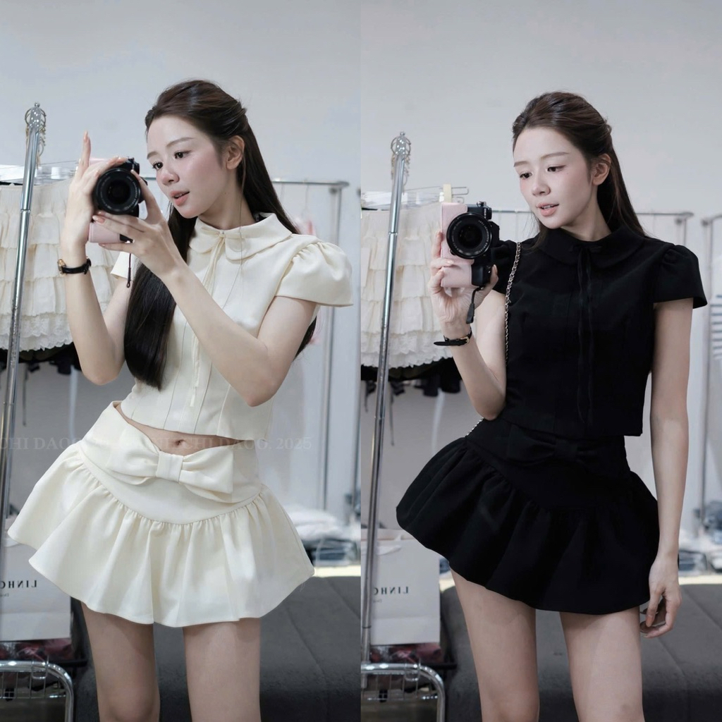 [S2.4146] Set Áo Cộc Tay Cổ Sen Dáng Croptop Mix Chân Váy Xoè Nơ Điệu Đà 2 Màu (cvay có lót) | BigBuy360 - bigbuy360.vn