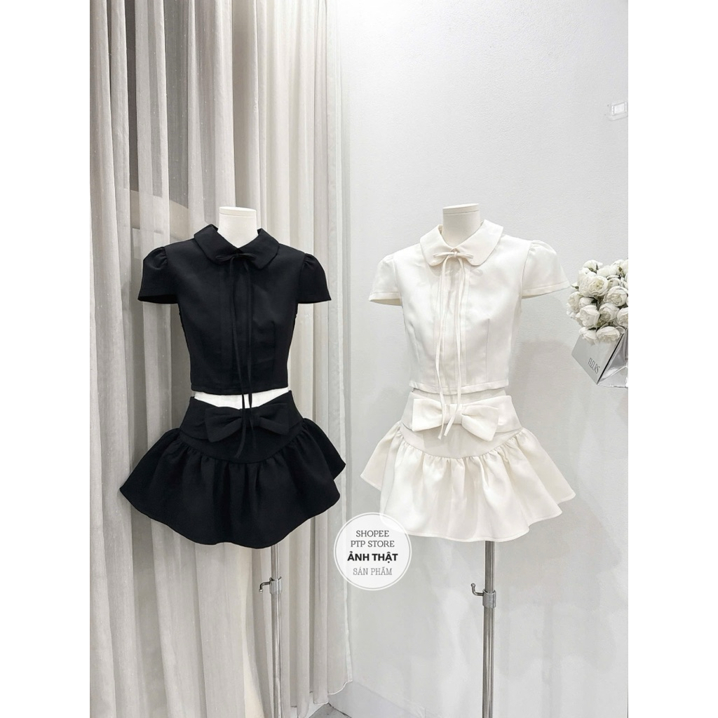 [S2.4146] Set Áo Cộc Tay Cổ Sen Dáng Croptop Mix Chân Váy Xoè Nơ Điệu Đà 2 Màu (cvay có lót) | BigBuy360 - bigbuy360.vn