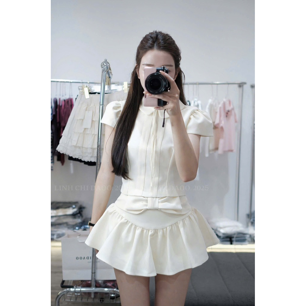 [S2.4146] Set Áo Cộc Tay Cổ Sen Dáng Croptop Mix Chân Váy Xoè Nơ Điệu Đà 2 Màu (cvay có lót) | BigBuy360 - bigbuy360.vn