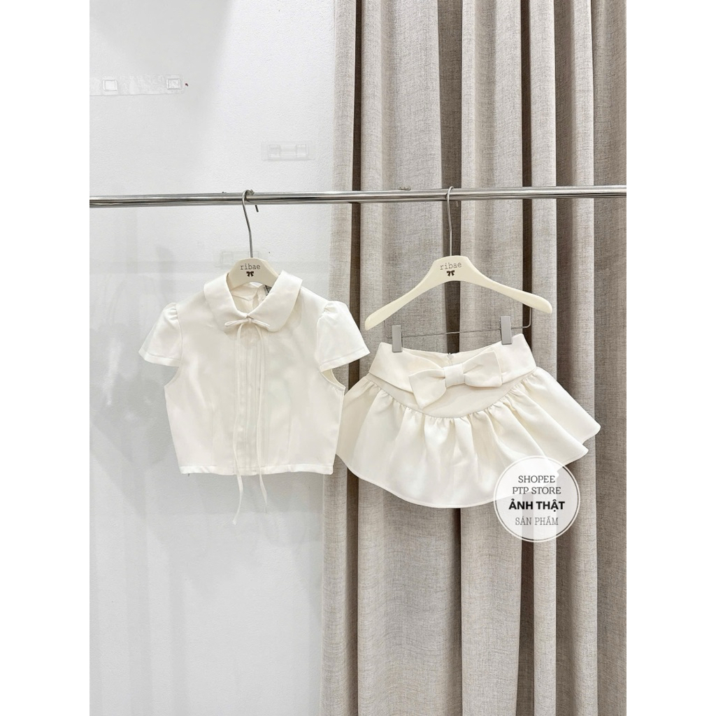 [S2.4146] Set Áo Cộc Tay Cổ Sen Dáng Croptop Mix Chân Váy Xoè Nơ Điệu Đà 2 Màu (cvay có lót) | BigBuy360 - bigbuy360.vn