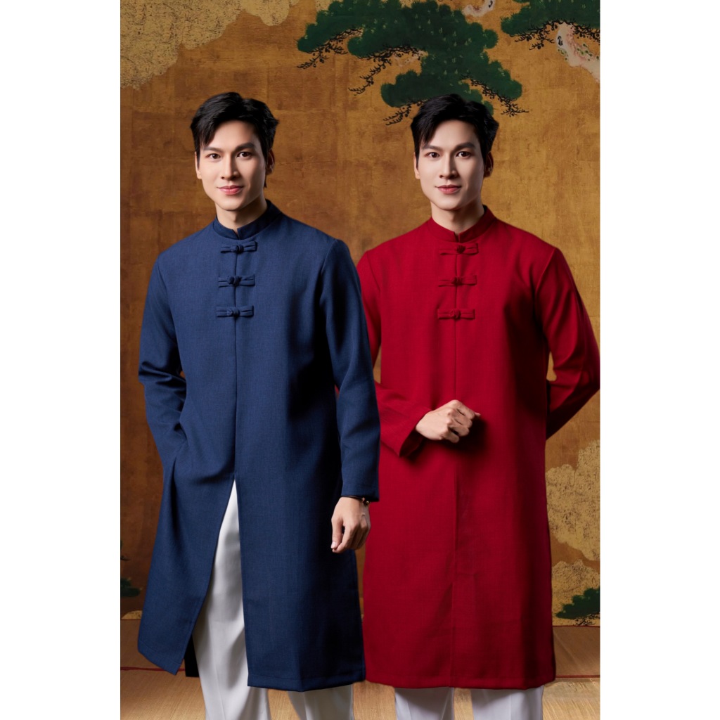 (Mẫu Mới)Áo Dài Cách Tân Nam Phối 3 Nút Giữa Khoá Kéo Sau Vải Linen Thương Hiệu Mr Twins