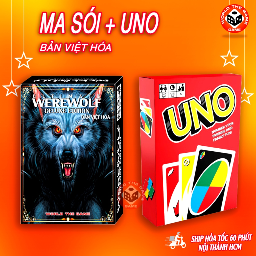 COMBO bài ma sói ultimate + UNO 110 lá việt hóa ma sói đầy đủ nhân vật lá bài cứng sắc nét boardgame