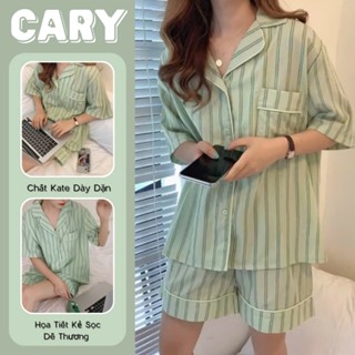 Set đồ nữ pijama mặc nhà cộc tay gồm áo pijama kèm quần short họa tiết kẻ sọc dễ thương cho nữ CARY