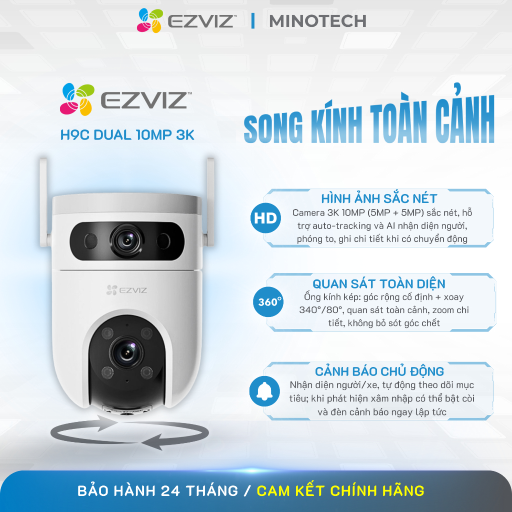 Camera wifi 2 mắt ngoài trời Ezviz H9C dual 10mp 3K (5mp+5mp)
