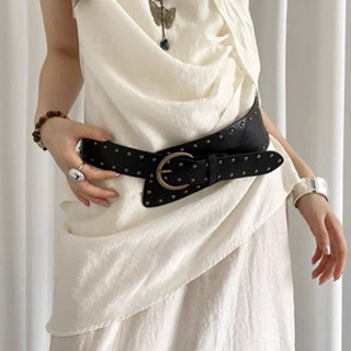  Thắt lưng bản to khoen tròn đinh tán da pu Y2K nâu đen vintage 