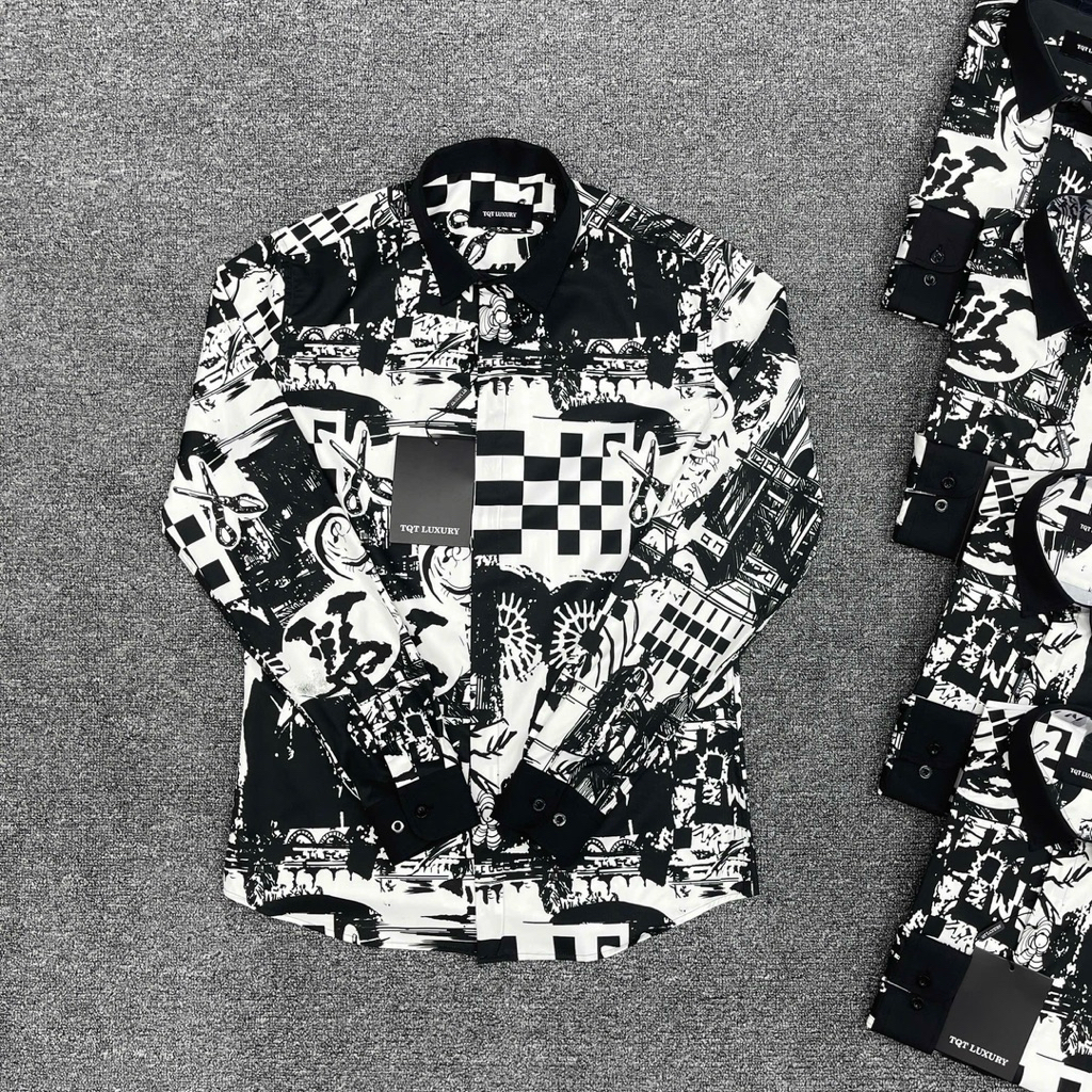 Áo sơ mi nam dài tay PB lụa nến in hoạ tiết logo caro graffiti loang đen trắng tràn thân boy phố