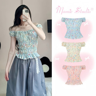  Áo nhún Mamie trễ vai co giãn thoải mái áo ôm body nữ tôn dáng hoạ tiết hoa in thêu xinh xắn. 