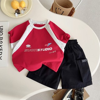 [Mua 2 Bộ Tặng Kính] Bộ Cộc Tay Cho Bé Trai STUDIO Xám Đỏ Quần Kaki Vải Cotton Co Giãn 4 Chiều