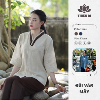 Pháp phục lễ chùa bigsize Thiên Di đồ lam nữ truyền thống chất đũi vân nhẹ nhàng cho phật tử D07