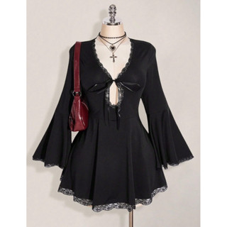  đầm xoè dáng ngắn tay loe phối ren hở ngực đính nơ bigsize 40-120kg 