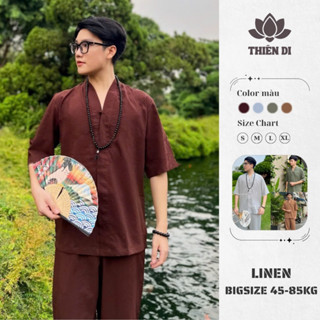Đồ lam đi chùa cho nam, Pháp phục lễ chùa nam bigsize Thiên Di vải Linen cao cấp tay lỡ nút tàu D42