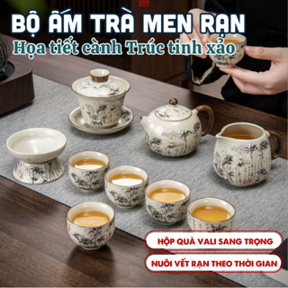 Bộ Ấm Chén Pha Trà Men Rạn Họa Tiết Trúc Cao Cấp 13 Món Tặng Kèm Vali Sang Trọng, Ấm Trà Gốm Sứ Trung Hoa Nhập Khẩu