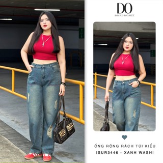 Quần Jean Ống Rộng Bigsize 55-84kg Nữ Lưng Cao Tôn Dáng Màu Xanh Dơ Dáng Dài Phối Túi Chỉ Hồng 3446 Dài 105cm