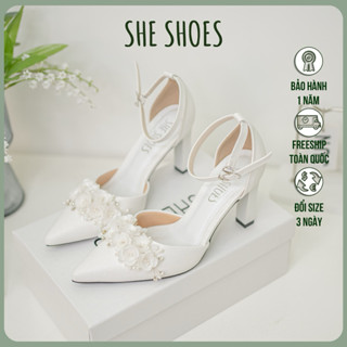 Giày cưới, giày cao gót trắng gót vuông, mũi nhọn đính hoa cao 8P FLOWERS - GC08010