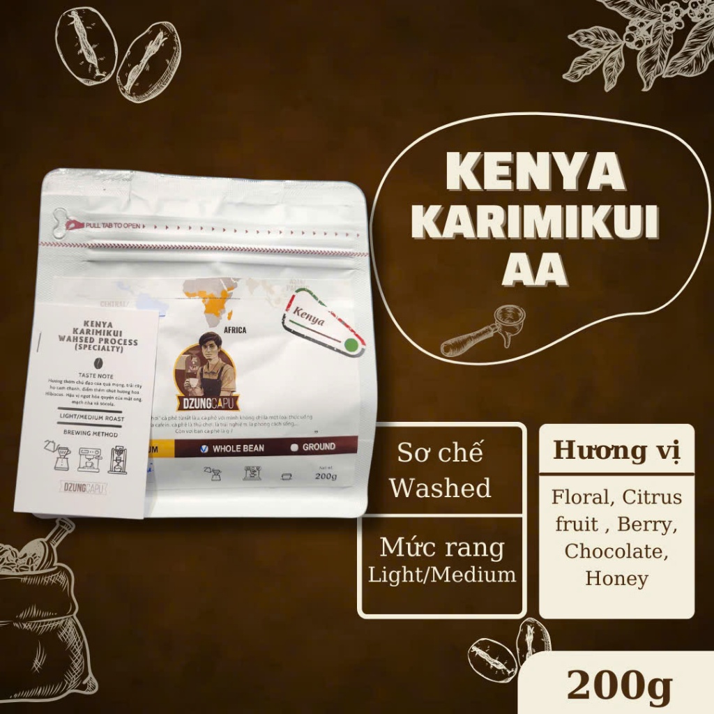 Cà phê Kenya Karimikui AA - Sơ chế Washed - gói 200g - DzungCapu Specialty Coffee