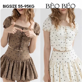 [BÈO BÉO BIGSIZE ] SET ÁO KIỂU CỔ VUÔNG CHẤM BI CROPTOP TAY BỒNG ĐAN DÂY KÈM CHÂN VÁY BÍ XẾP LY FORM BIGSIZE 60-90KG