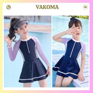    10-38Kg   Đồ bơi Bikini liền thân kiểu váy tay ngắn tay dài cho bé gái đi biển du lịch VAKOMA BG10 