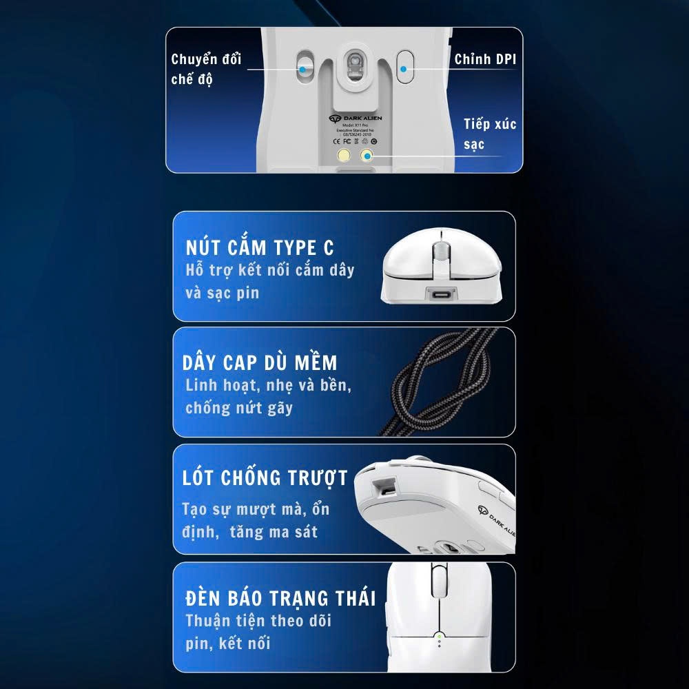 Chuột gaming không dây Dark Alien X11 SE - 3 mode - Mắt đọc PAW3311 - App macro - Dock sạc - DPI 12000 - SaiGonComputer | BigBuy360 - bigbuy360.vn