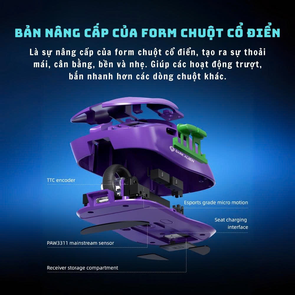 Chuột gaming không dây Dark Alien X11 SE - 3 mode - Mắt đọc PAW3311 - App macro - Dock sạc - DPI 12000 - SaiGonComputer | BigBuy360 - bigbuy360.vn