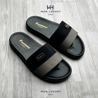 [ Khâu Đế ] Dép Da Nam quai ngang Đen Vá Nâu mác Fashion da sít cao cấp