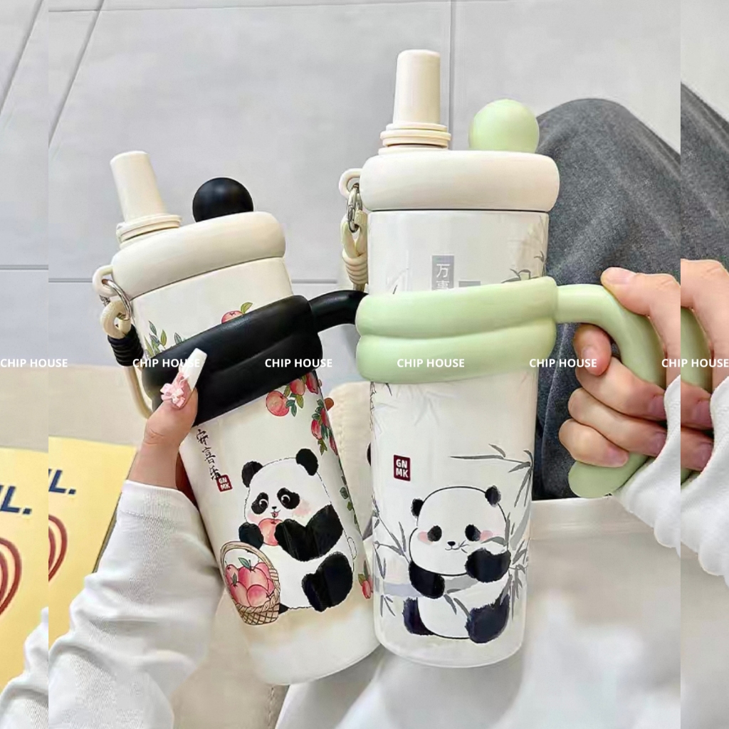 Bình nước giữ nhiệt GẤU TRÚC 700ml cao cấp, Ly giữ nhiệt có lọc trà tay cầm 2 đầu uống hình panda ng