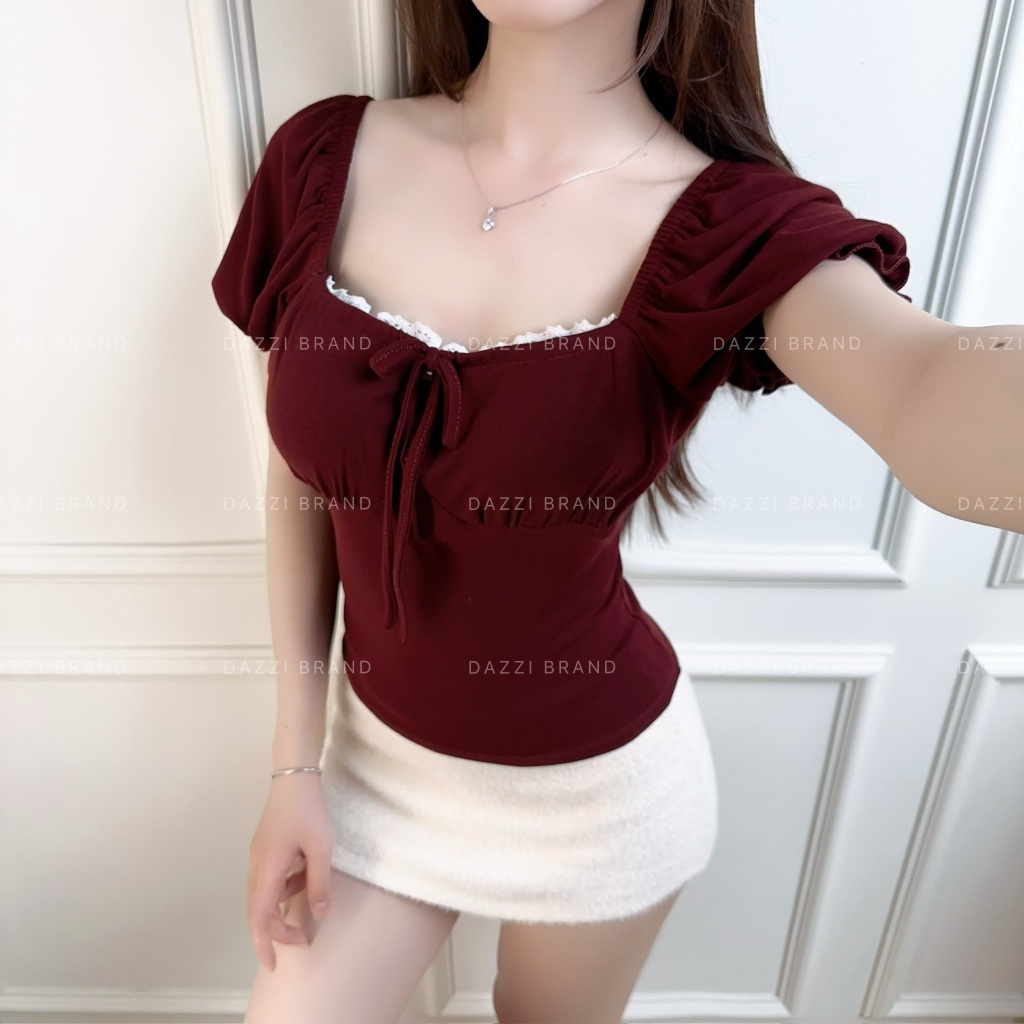 Áo thun nữ cổ vuông phối ren thắt nơ tay phồng xinh xắn vải Cotton mịn DAZZI Women A052 | BigBuy360 - bigbuy360.vn