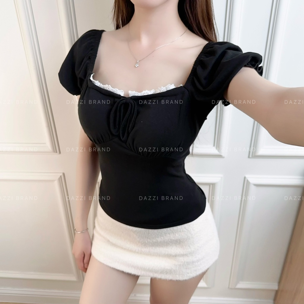 Áo thun nữ cổ vuông phối ren thắt nơ tay phồng xinh xắn vải Cotton mịn DAZZI Women A052 | BigBuy360 - bigbuy360.vn