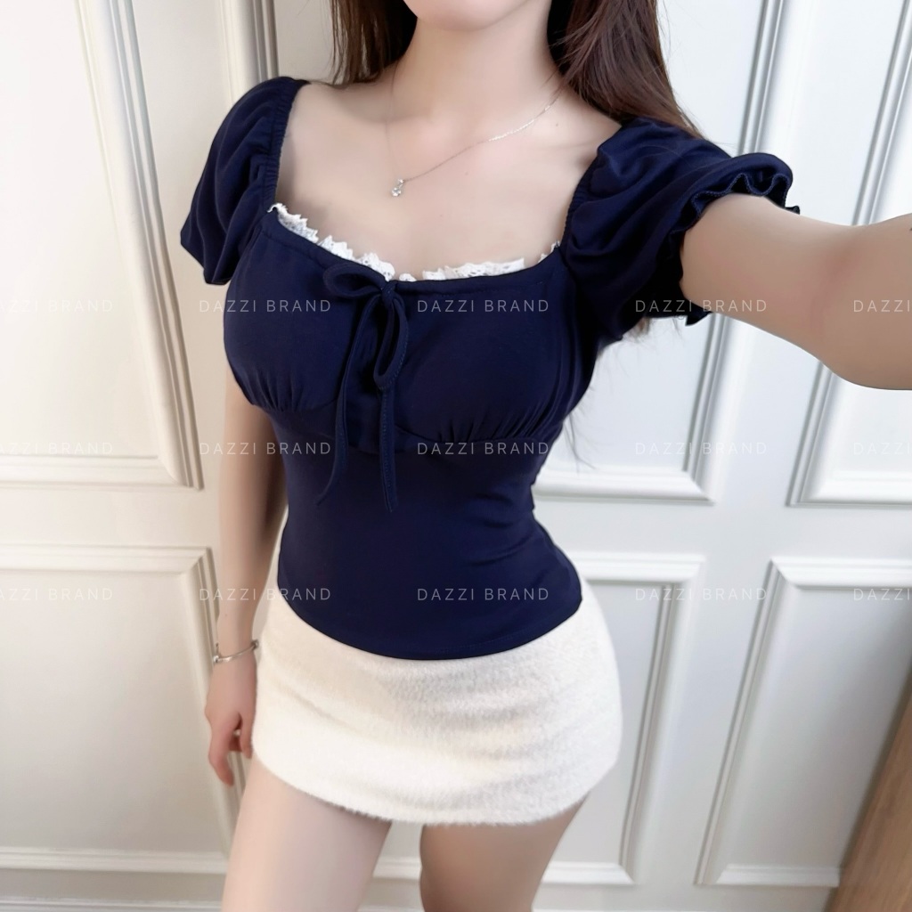 Áo thun nữ cổ vuông phối ren thắt nơ tay phồng xinh xắn vải Cotton mịn DAZZI Women A052 | BigBuy360 - bigbuy360.vn