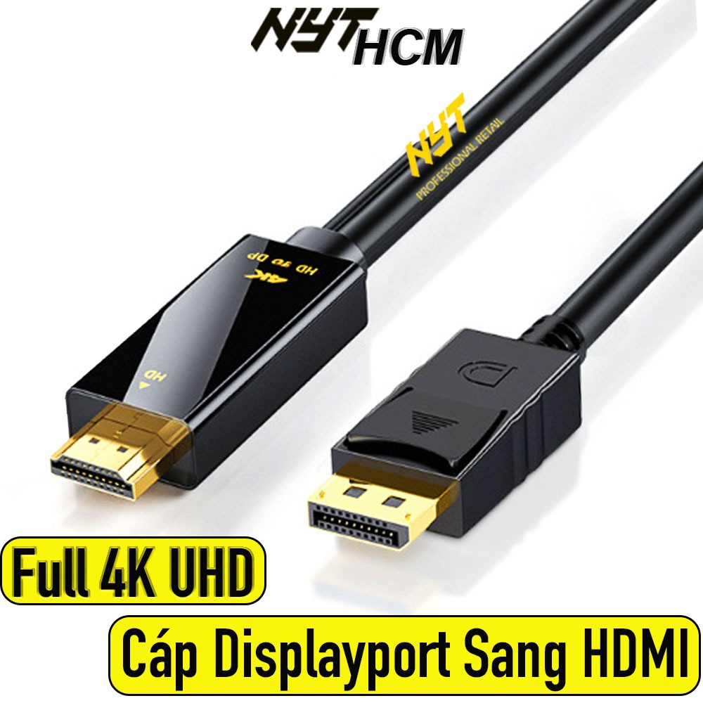 Displayport To HDMI 4K UHD Cable Trơn Đen Dẻo Đầu Jack Mạ Vàng 24K Chống Oxy Hóa