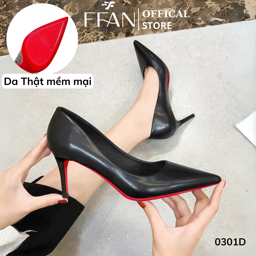 Giày cao gót nữ mũi nhọn gót nhọn [da thật] 0301D đế đỏ FFAN STORE 7 9 phân bít mũi màu đen big size