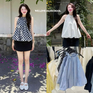   HÀNG SẴN-NHIỀU MÀU  Áo cổ Yếm nữ dáng Bí trứng phồng kẻ caro chấm bi sọc EGGIE TOP Okélla 