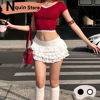  Chân váy ren hoa nữ dáng ngắn lưng thun có lót quần Nquin Chân váy ngắn dáng xòe viền bèo cạp cao phong cách sexy 