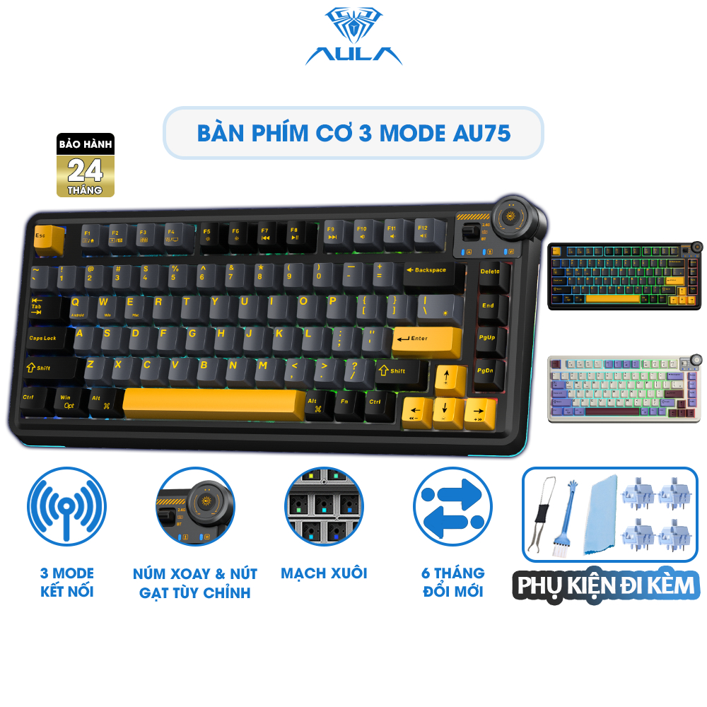 Bàn Phím Cơ Không Dây Núm Xoay AULA AU75 Gaming Hotswap 5 Pin 3 Mode Kết Nối Bluetooth Led Viền RGB | BigBuy360 - bigbuy360.vn