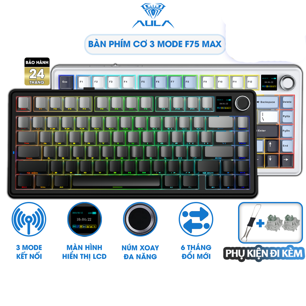 Bàn Phím Cơ Không Dây AULA F75 MAX Có Màn Hình LCD Hỗ Trợ Hotswap LED RGB 3 Mode Kết Nối Chính Hãng