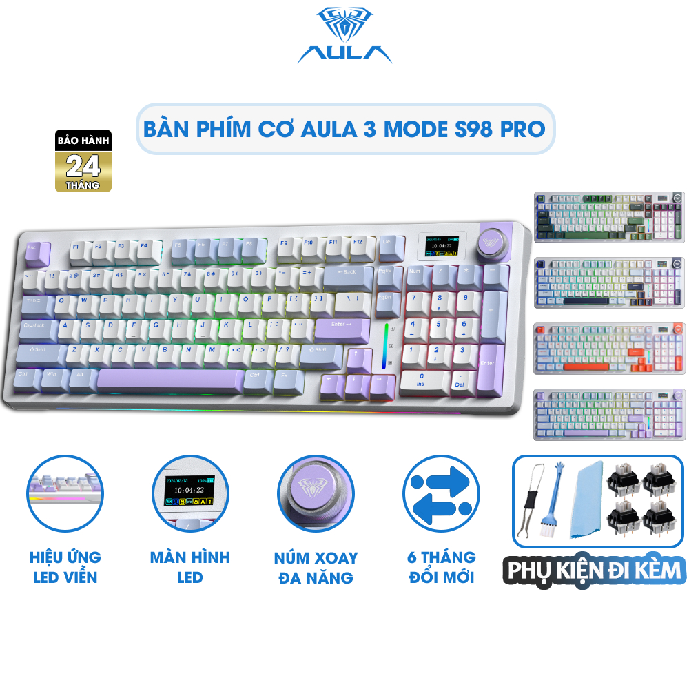  Bàn Phím Cơ 3 Mode AULA S98 PRO Gaming Hotswap Không Dây Bluetooth Núm Xoay Màn Hình Led Viền RGB 