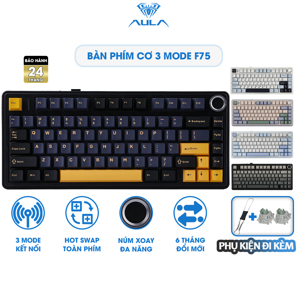 [CHÍNH HÃNG] Bàn Phím Cơ 3 Mode 75% AULA F75 Không Dây Hotswap Kết Nối Bluetooth USB 2.4G Có Núm Vặn Đa Năng | BigBuy360 - bigbuy360.vn