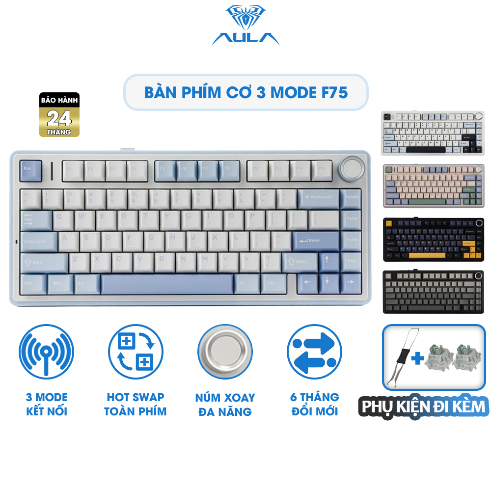 [CHÍNH HÃNG] Bàn Phím Cơ 3 Mode 75% AULA F75 Không Dây Hotswap Kết Nối Bluetooth USB 2.4G Có Núm Vặn Đa Năng | BigBuy360 - bigbuy360.vn