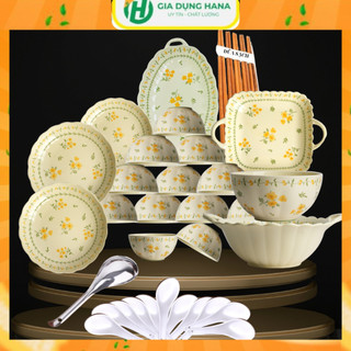  Bộ Bát Đĩa Sứ Họa Tiết Mai Vàng 31 Chi Tiết   19 Sản Phẩm Sứ Và 3 Qùa Tặng : 10 Thìa Sứ+1 Bộ Đũa Gỗ+1 Muôi Canh Inox  
