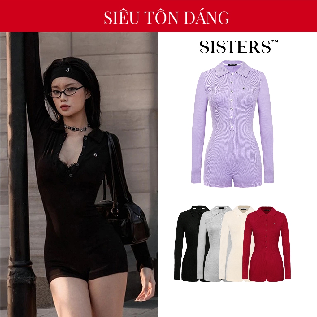 Jumpsuit nữ cổ bẻ tay dài SISTERS ôm dáng màu đen, tím, kem, xám thun gân co giãn Mallorie SIS-CLUB | SS2-J1