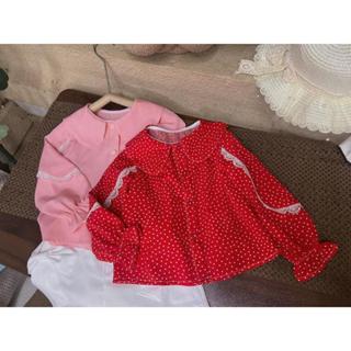   Bán Lẻ  Áo Sơ Mi Lẻ Cổ Sen Tay Dài Bi 2 Màu Và Chân Váy Lẻ Trắng Nơ 2 Bên BÉ CƯNG Dành Cho Bé Gái - 80X 