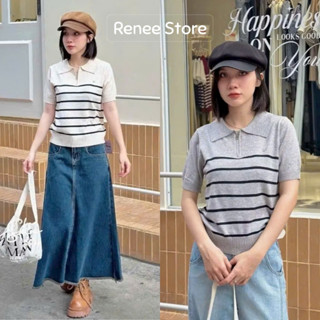 Áo polo len cổ khóa kéo họa tiết kẻ sọc đính tag, áo len mỏng mongtoghi cộc tay Renee Store - AL1954