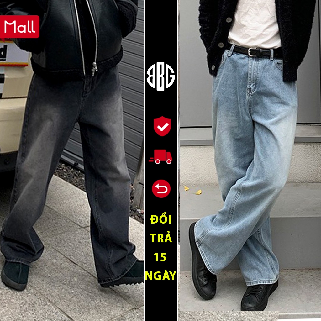 Quần Bò jean baggy suông nam Xanh Đen vàng Wash RETRO ống rộng xuông cạp cao bigsize BBG