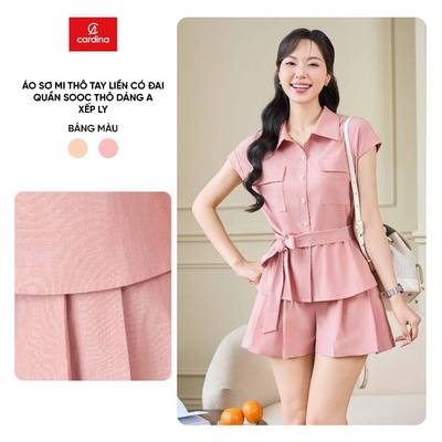 Đồ bộ nữ CARDINA tách sét chất liệu vải thô áo sơ mi có đai và quần dáng A xếp ly 5ASC15 	5QSA15