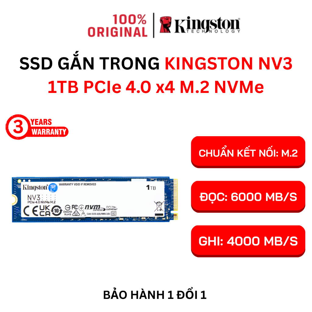 Ổ cứng SSD Kingston NV3 NVMe Gen 4x4 PCIe 4.0 M.2 (500GB/1TB/2TB - Hàng chính hãng - Bảo hành 5 năm)