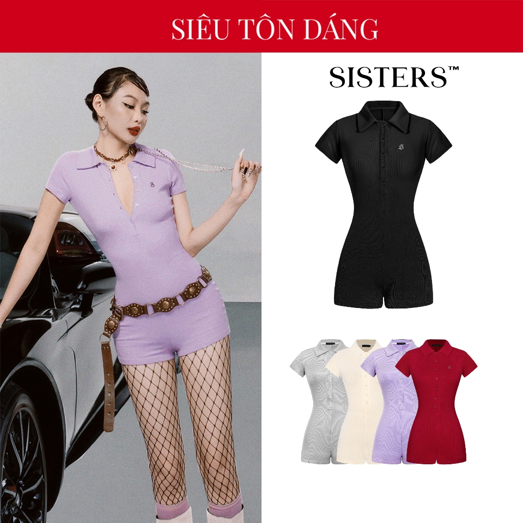 Jumpsuit nữ cổ bẻ tay ngắn SISTERS ôm dáng màu đen, tím, kem, xám, đỏ thun gân co giãn Mallorie SIS-CLUB | SS2-J1